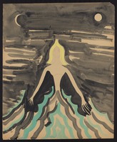 view A woman alone in choppy water against a sombre sky with the moon and the sun. Watercolour by M. Bishop, 1963.