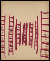 view A concertina of seven vertical ladders. Watercolour by M. Bishop, 1966.