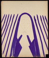 view A woman hemmed in by purple lines holds both hands to her chin. Watercolour by M. Bishop, 19--.