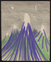 view Purple and green mountains against a grey sky with the sun and moon. Watercolour by M. Bishop, 1966.