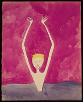 view A drowning woman raising her hands above her head against a turbulent cerise sky. Watercolour by M. Bishop, 1962.