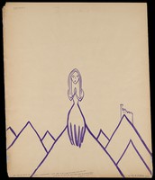 view A woman standing praying among mountains with a castle in the background. Watercolour by M. Bishop, 1968.