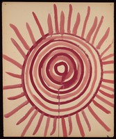 view The sun painted in red and cerise circles. Watercolour by M. Bishop, 1967.