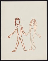 view Adam and Eve, naked, holding hands. Watercolour by M. Bishop, 1969.