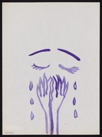 view A weeping woman holding her hands to her face. Watercolour by M. Bishop, 1969.