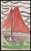 view A sailing boat with a man sleeping inside it. Watercolour by M. Bishop, 1970.