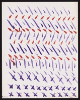 view Rows of purple darts and saltires with rows of red droplets. Watercolour by M. Bishop, 1973.