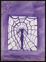 view A woman standing in a window is caught in a spider's web. Watercolour by M. Bishop, 1969.