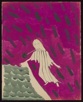 view A woman with a weight attached to her neck by a chain prepares to throw herself into a river. Watercolour by M. Bishop, 1959.