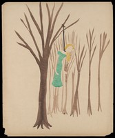 view A woman wearing a green dress hangs herself from a tree in a forest. Watercolour by M. Bishop, 1958.