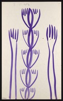 view A pair of purple arms raised, with a stem of loops and conjoined hands between them. Watercolour by M. Bishop, 19--.