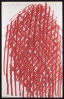 view Three purple scrolls with a dense red grid superimposed. Watercolour by M. Bishop, ca. 1970.