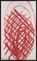 view A red oval containing other ovals, overlaid by a red grid. Watercolour by M. Bishop, ca. 1970.