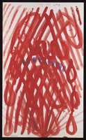 view A red excrescence surrounded by red ovals overlaid by a red grid, with blue dots. Watercolour by M. Bishop, ca. 1970.