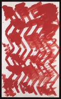 view Red zigzags overlaid by blotches. Watercolour by M. Bishop, ca. 1970.