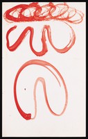 view A red face with volutes as eyes and a downturned mouth. Watercolour by M. Bishop, ca. 1971.