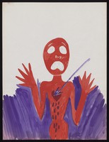 view A red man shot with a purple arrow to the heart, holding up his hands in pain. Watercolour by M. Bishop, 1969.