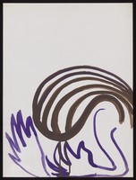 view A woman with long brown hair buries her face in her purple hands. Watercolour by M. Bishop, 1969.