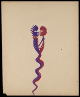 view A red and a purple figure intertwined and holding each other by the throat. Watercolour by M. Bishop, 1967.