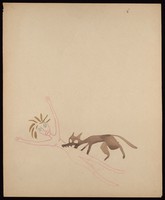 view A pink woman being eaten by a fox. Watercolour by M. Bishop, 1958.