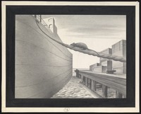 view A rat stowing away on a ship, carrying the plague further afield. Drawing by A.L. Tarter, 194-.