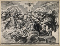 view The Holy Trinity crowning the Blessed Virgin. Woodcut by C. Jegher after Sir P.P. Rubens.