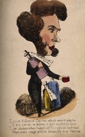 view A quack doctor irresponsibly dispensing his potions. Coloured lithograph.