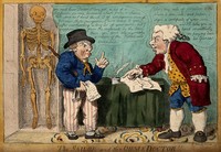 view A sailor with a bandaged eye consulting a mercenary medical practitioner. Coloured etching by I. Cruikshank, 1807?, after G.M. Woodward.