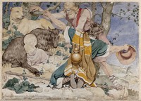 view The infant Aesculapius discovered by shepherds on a mountain. Watercolour painting by R. Dadd, 1851.