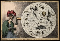 view A woman dropping her porcelain tea-cup in horror upon discovering the monstrous contents of a magnified drop of Thames water; revealing the impurity of London drinking water. Coloured etching by W. Heath, 1828.