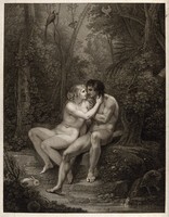 view Adam and Eve in the garden of Eden. Stipple engraving by F. Bartolozzi after T. Stothard, 1792.