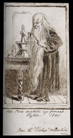 view Old Parr, an elderly apothecary with an extremely long beard mixing a concoction with a pestle and mortar. Pen drawing by Matthews(?), 1861(?).