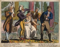 view A dentist extracting a tooth from a fashionable female patient who is surrounded by young men. Coloured etching, 1806.