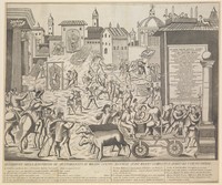 view Torture and execution of alleged plague carriers in Milan, 1630. Engraving.