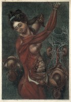 view A woman with the muscles of her upper body and her viscera exposed. Colour mezzotint attributed to J.F. Gautier d'Agoty.