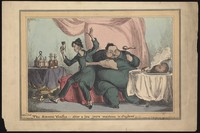 view Chang and Eng the Siamese twins, eating and drinking to excess. Coloured etching by W. Heath, 1829.