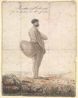 view A "Hottentot" woman with prominent buttocks. Watercolour painting.