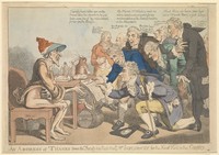 view Physicians expressing their thanks to influenza. Coloured etching attributed to Temple West, 1803.