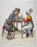 view A corrupt old man tries to seduce a woman by urging her to take a hypnotic draught in her drink. Coloured lithograph by C. Motte.