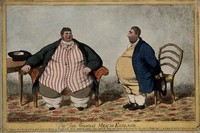 view A humorous comparison between the obese Daniel Lambert and Charles James Fox, the politician. Coloured etching by C. Williams, 1806.