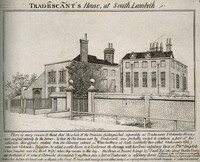 view The house of John Tradescant I at south Lambeth. Line engraving after J.T. Smith, 1798.