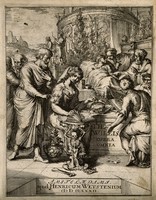 view Anatomy and medicine performed outside a temple of Apollo and Aesculapius, representing themes in the works of Thomas Willis. Etching attributed to R. de Hooghe, 1682.