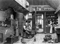 view An apothecary, John Simmonds, and his boy apprentice, William, working in the laboratory of John Bell's pharmacy. Engraving by J.G. Murray, 1842, after W.H. Hunt.