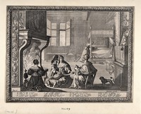 view A mother wrapping a baby in swaddling bandages, with a child, the baby's nurse, and two other servants. Engraving by A. Bosse, 1633.