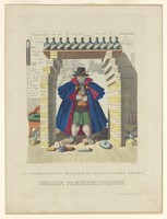 view A man barricades himself in with a panoply of protections against the cholera epidemic, the latter represented as a hag; representing an overabundance of useless advice concerning protection against cholera. Coloured etching by J.B. Wunder, c. 1832.