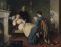 view A girl reads to a convalescent while a nurse brings in the patient's medicine. Watercolour by R.H. Giles.