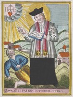 view Saint Valentine blessing an epileptic. Coloured etching.