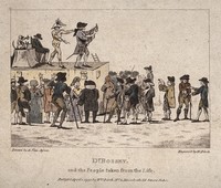 view Doctor Bossy, an itinerant medicine vendor, selling his wares on stage with the aid of assistants. Coloured etching by W. Birch, 1792, after A. van Assen.