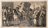 view Doctor Rock, a medicine vendor, selling his wares from a horse-drawn carriage to a crowd. Engraving.