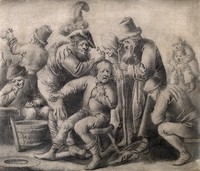 view An itinerant surgeon extracting stones from a man's head; symbolising the expulsion of 'folly' (insanity), they are surrounded by a group of people. Pencil drawing by P. Quast, 1645.